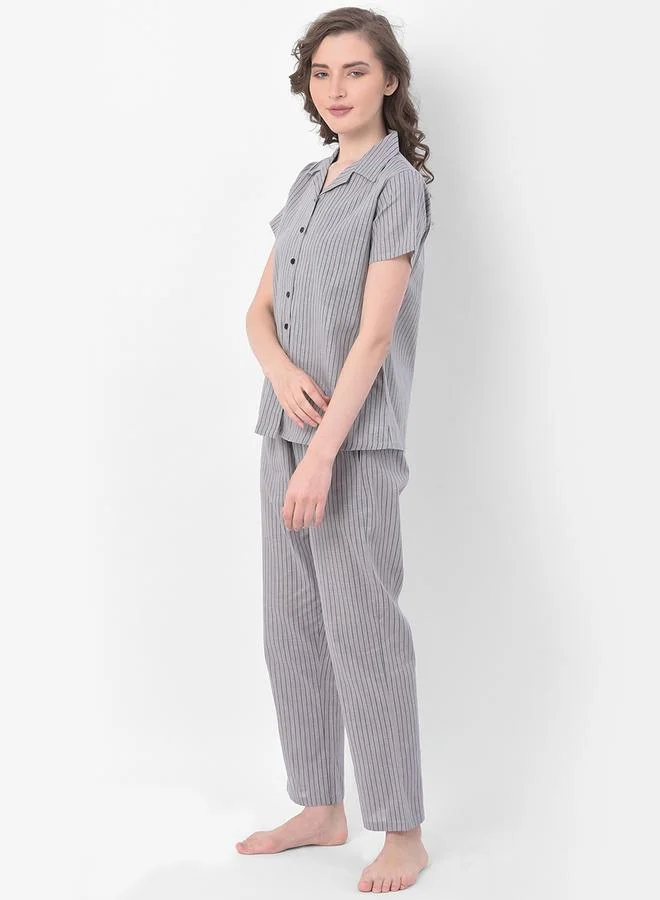 Clovia Clovia Striped Button Down Shirt and Pyjama Set