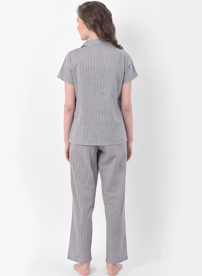 كلوفيا Clovia Striped Button Down Shirt and Pyjama Set