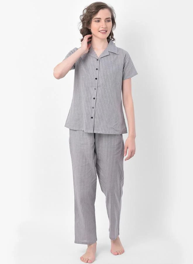 Clovia Clovia Striped Button Down Shirt and Pyjama Set
