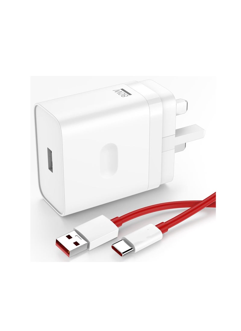 Generic - 80W Supervooc Charger for Oppo Reno 12/11/10/9/8/Find X8 /X7/X6/X5 /A58/A57/A56/A98/A78 and Oneplus 13 12 12R 11 Pro Nord 4 5G,USB Fast Charger Plug Warp/Dash Charge for Oneplus Nord 3 2T CE4 CE3 Lite 10 10T 9 Pro with 1M USB A to USB C Charging Cable - Image 1