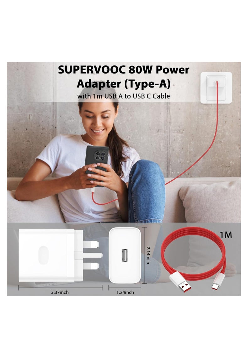 Generic - 80W Supervooc Charger for Oppo Reno 12/11/10/9/8/Find X8 /X7/X6/X5 /A58/A57/A56/A98/A78 and Oneplus 13 12 12R 11 Pro Nord 4 5G,USB Fast Charger Plug Warp/Dash Charge for Oneplus Nord 3 2T CE4 CE3 Lite 10 10T 9 Pro with 1M USB A to USB C Charging Cable - Image 1