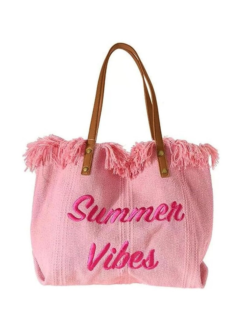 general Women's Large Beach Canvas Tote Bag Summer Vibes Beach Bag Large Capacity Tassel Handbag - Image 1