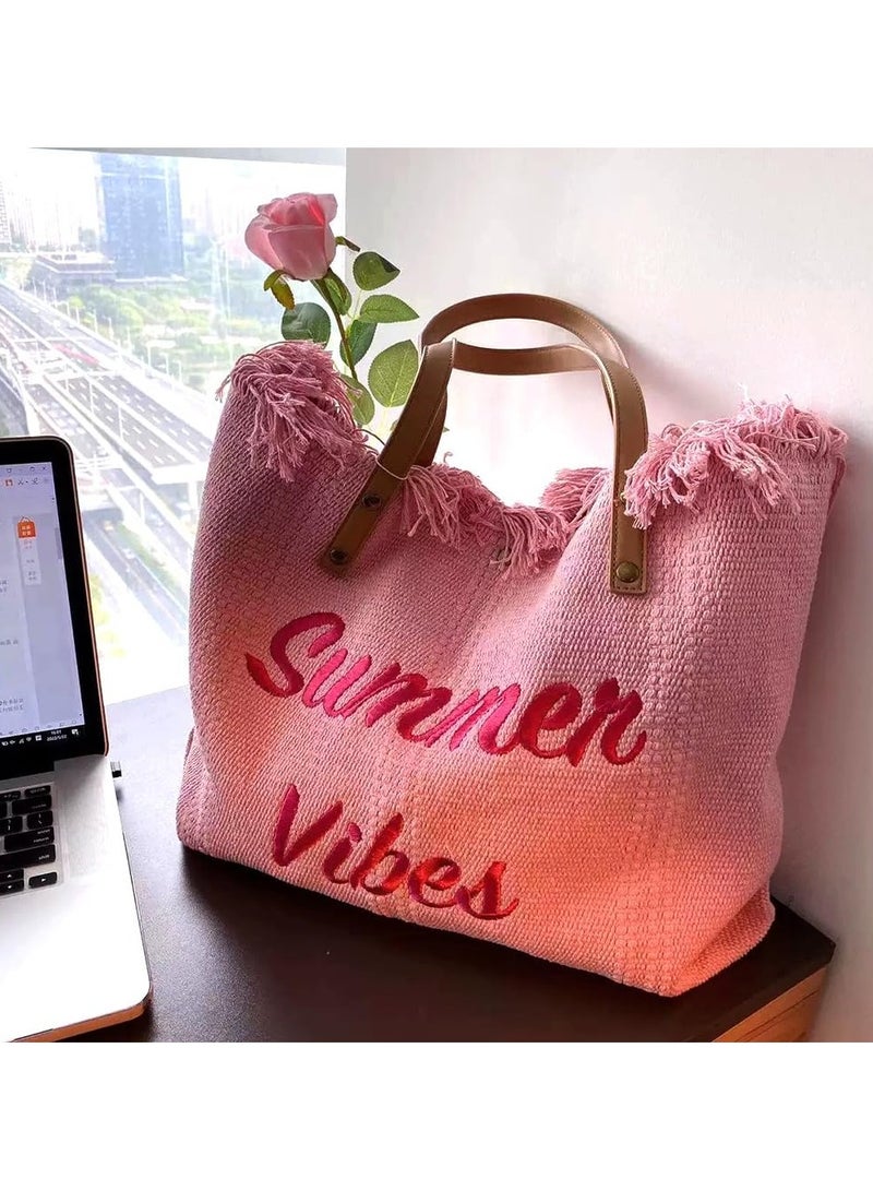 general Women's Large Beach Canvas Tote Bag Summer Vibes Beach Bag Large Capacity Tassel Handbag - Image 3