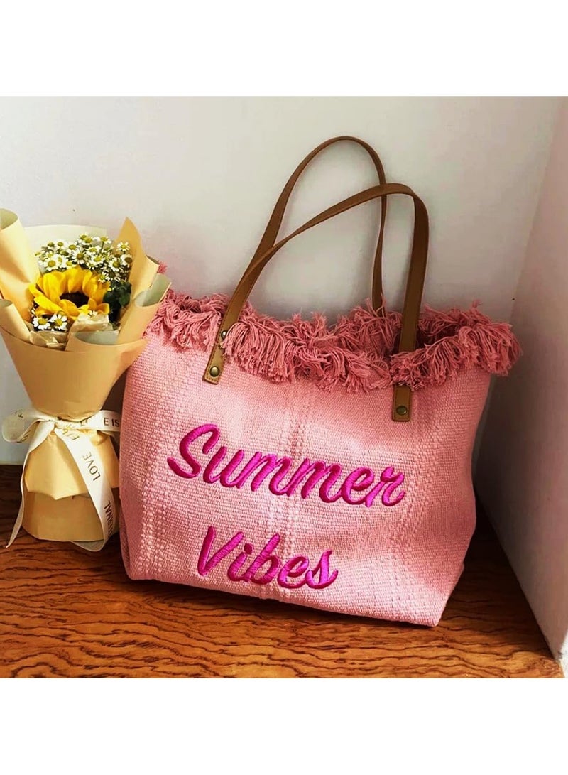 general Women's Large Beach Canvas Tote Bag Summer Vibes Beach Bag Large Capacity Tassel Handbag - Image 4