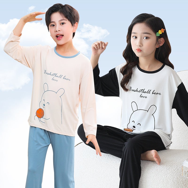 Children's Home Suit Summer Thin Girls' Boys' Middle-aged Children's Two-piece Soft Slide Home Long-sleeved Air-conditioning Suit - Image 3