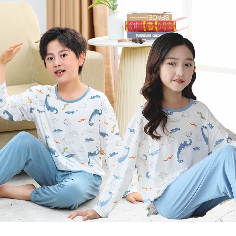 Children's Home Suit Summer Thin Girls' Boys' Middle-aged Children's Two-piece Soft Slide Home Long-sleeved Air-conditioning Suit - Image 4