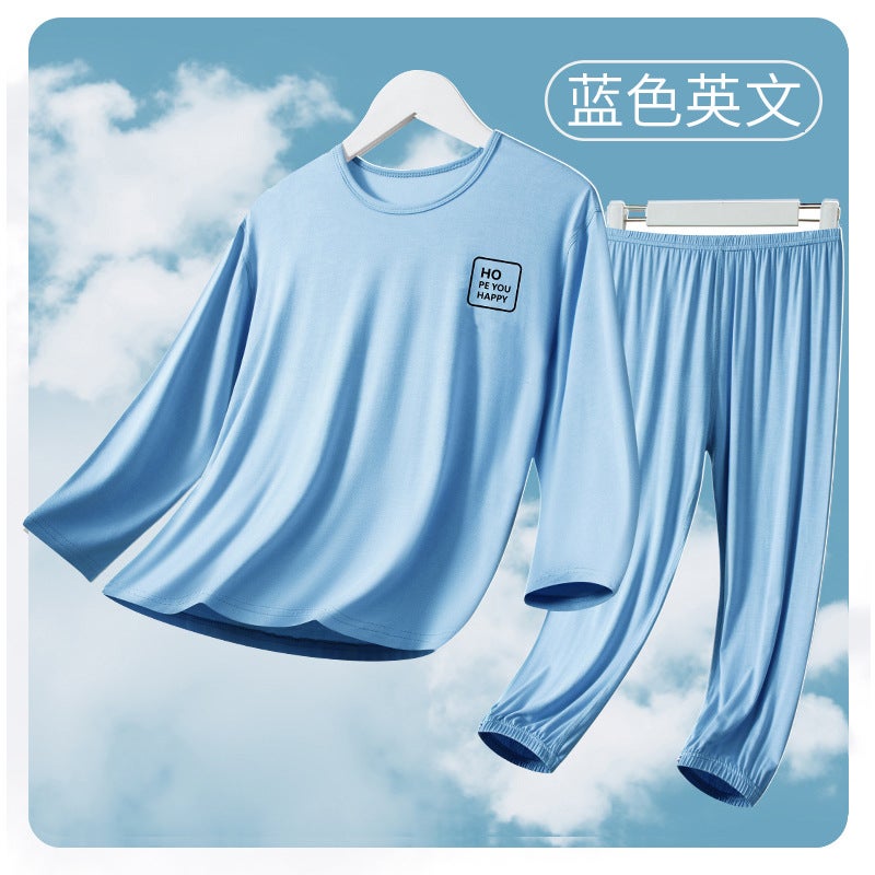 Children's Home Suit Summer Thin Girls' Boys' Middle-aged Children's Two-piece Soft Slide Home Long-sleeved Air-conditioning Suit - Image 1