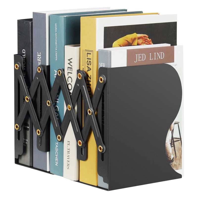 Olebes Adjustable Book Ends Metal Non Skid Expandable Bookcase Bookend Stand Holder Book Storage Rack Heavy Duty bookends for Shelf Office DeskStationery Black