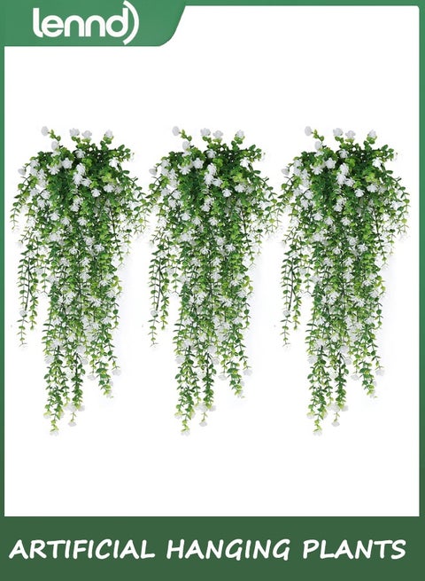 3PCS Artificial Hanging Plants Hanging Plant,Has 9 Flexible Stems, Faux Eucalyptus Leaf Greenery Vine Outdoor UV Resistant Plastic Plants Home Garden Wedding Party Indoor Outdoor Decorations(White)
