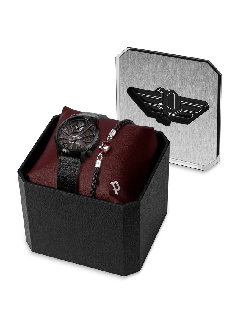 بوليس Spiderman Webbed Edition Black Dial Leather Strap Watch and Bracelet Set for Men, 42mm
