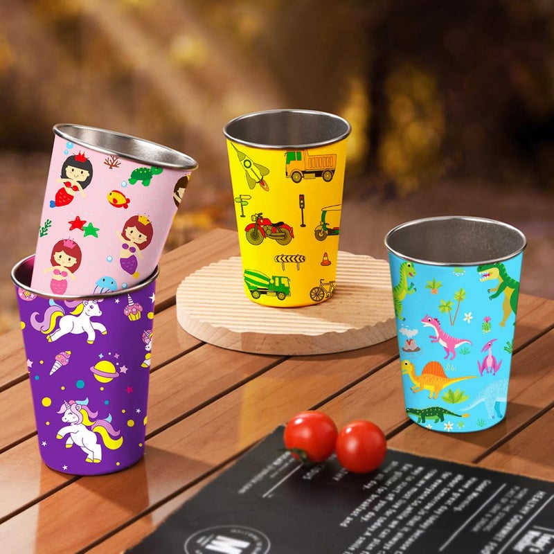 LOZACHE Stainless Steel Kids Cups, 4 Pack 12oz Metal Drinking Pint Cup with Fun Prints (Unicorn, Mermaid, Dinosaur, Vehicles), Stackable Drinking Glasses, BPA Free, Reusable for Home Party Camping - Image 5