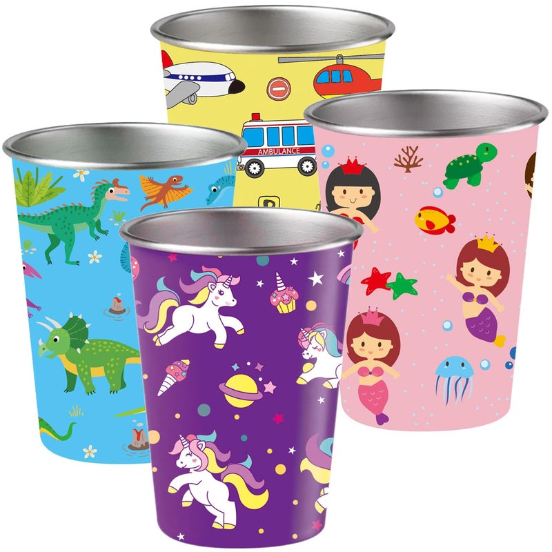 LOZACHE Stainless Steel Kids Cups, 4 Pack 12oz Metal Drinking Pint Cup with Fun Prints (Unicorn, Mermaid, Dinosaur, Vehicles), Stackable Drinking Glasses, BPA Free, Reusable for Home Party Camping - Image 1