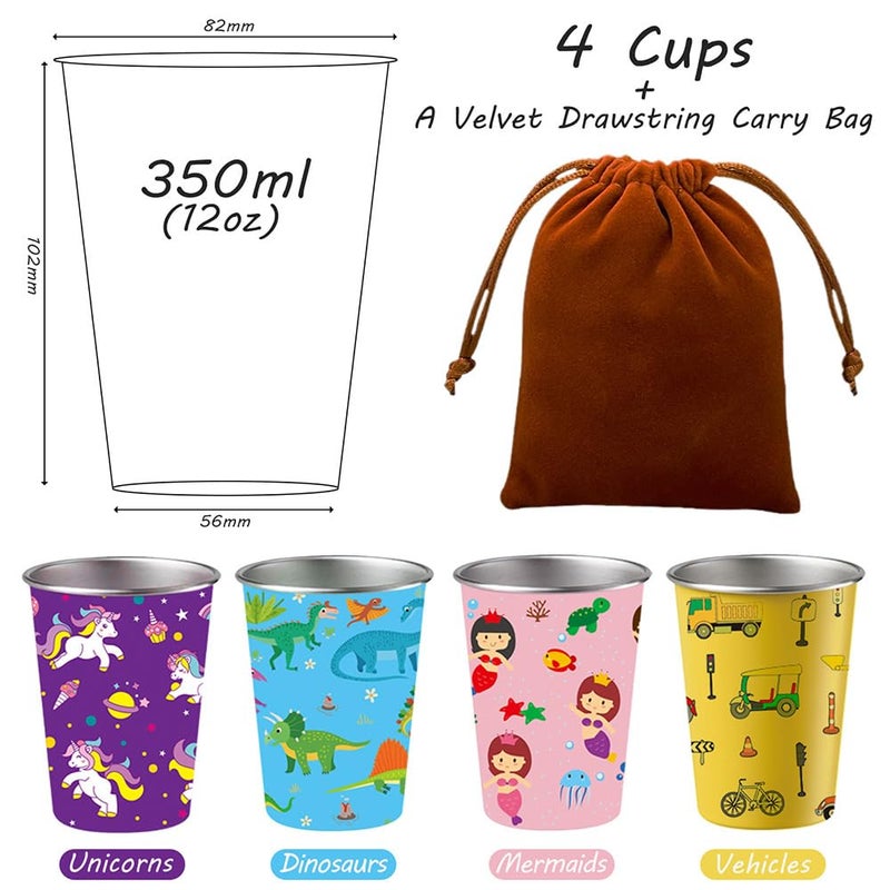 LOZACHE Stainless Steel Kids Cups, 4 Pack 12oz Metal Drinking Pint Cup with Fun Prints (Unicorn, Mermaid, Dinosaur, Vehicles), Stackable Drinking Glasses, BPA Free, Reusable for Home Party Camping - Image 3