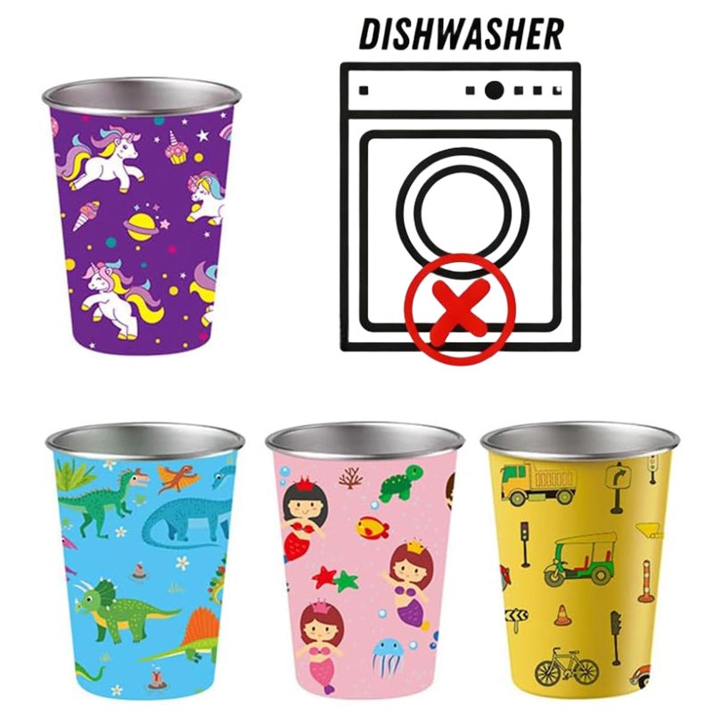 LOZACHE Stainless Steel Kids Cups, 4 Pack 12oz Metal Drinking Pint Cup with Fun Prints (Unicorn, Mermaid, Dinosaur, Vehicles), Stackable Drinking Glasses, BPA Free, Reusable for Home Party Camping - Image 2