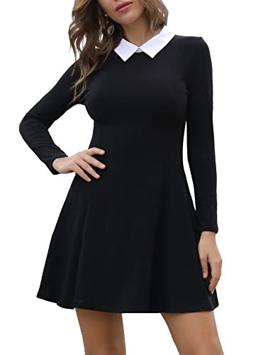 Aphratti Women's Long Sleeve Fall Dresses 2025 Casual Peter Pan Collar A Line Fit and Flare Skater Goth Dress Black X-Large - Image 1