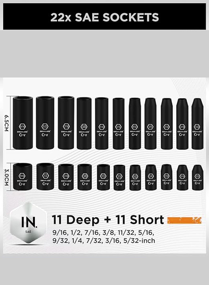 LOOPITYS 1/4" Drive Impact Socket Set, 56-Piece Standard SAE (5/32 to 9/16 inch) and Metric (4-15mm) Size, 6 Point, Cr-V, 1/4-Inch Drive Ratchet Handle, Drive Extension Bar, Impact Universal Joint  - Image 2