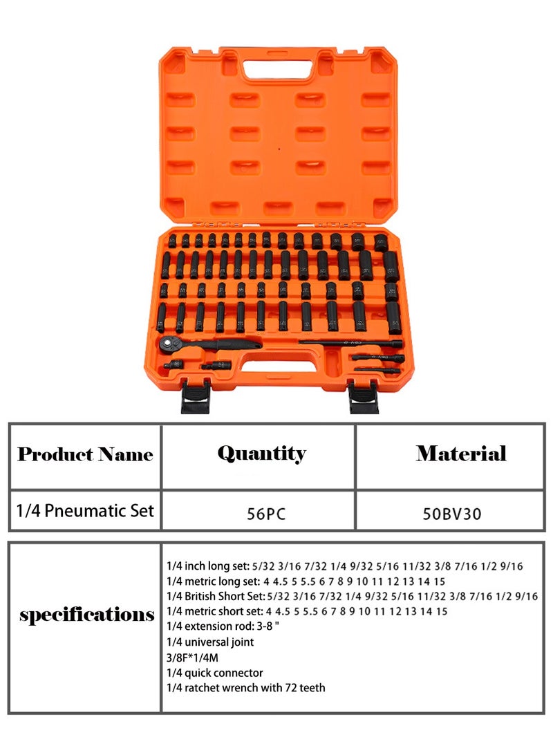 LOOPITYS 1/4" Drive Impact Socket Set, 56-Piece Standard SAE (5/32 to 9/16 inch) and Metric (4-15mm) Size, 6 Point, Cr-V, 1/4-Inch Drive Ratchet Handle, Drive Extension Bar, Impact Universal Joint  - Image 4