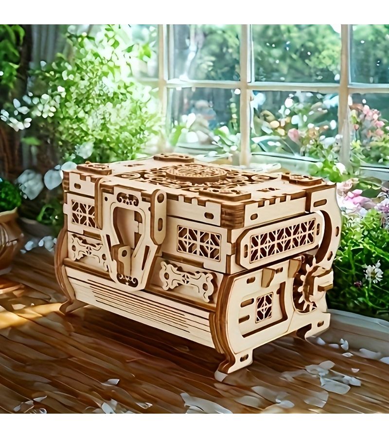 A Classic 3D Wooden Puzzle Jewelry Box Handcrafted Mechanical Treasure Chest Display Model - Image 4