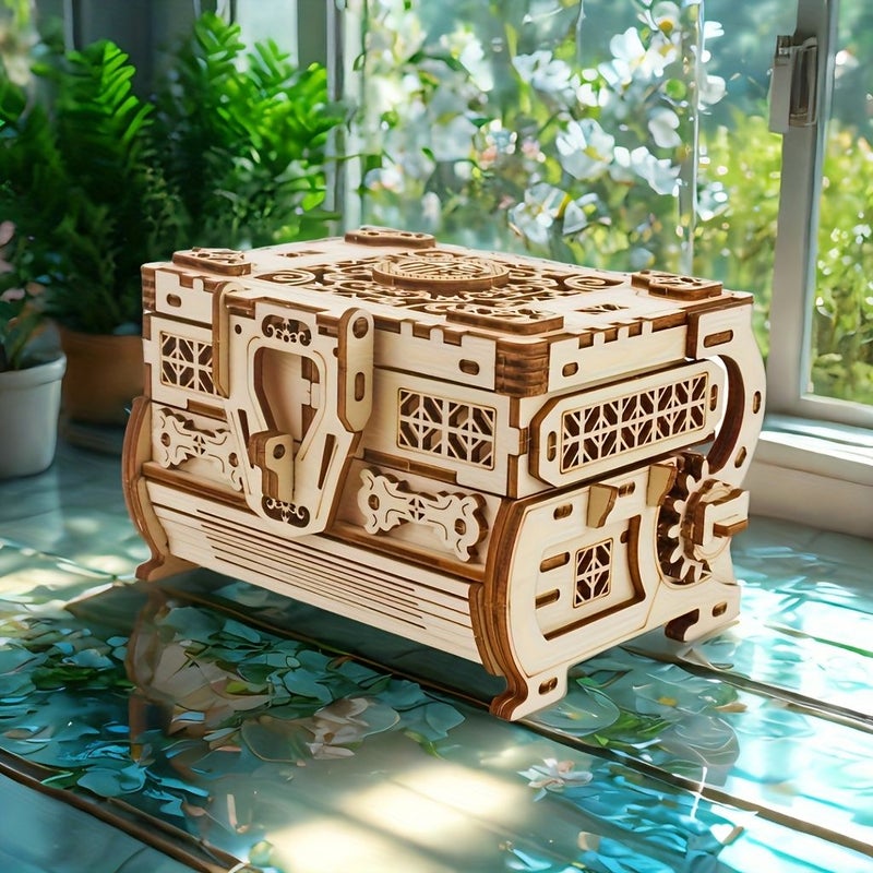 A Classic 3D Wooden Puzzle Jewelry Box Handcrafted Mechanical Treasure Chest Display Model - Image 3