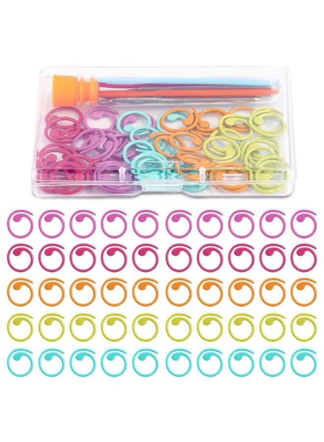 Lokunn 50 Pcs Metal Stitch Markers, 5 Color Helical-Shaped Crochet Markers Ring, 9 Pcs Large Eye Blunt Sewing Needles with Storage Box for DIY and Craft Sewing - Image 1