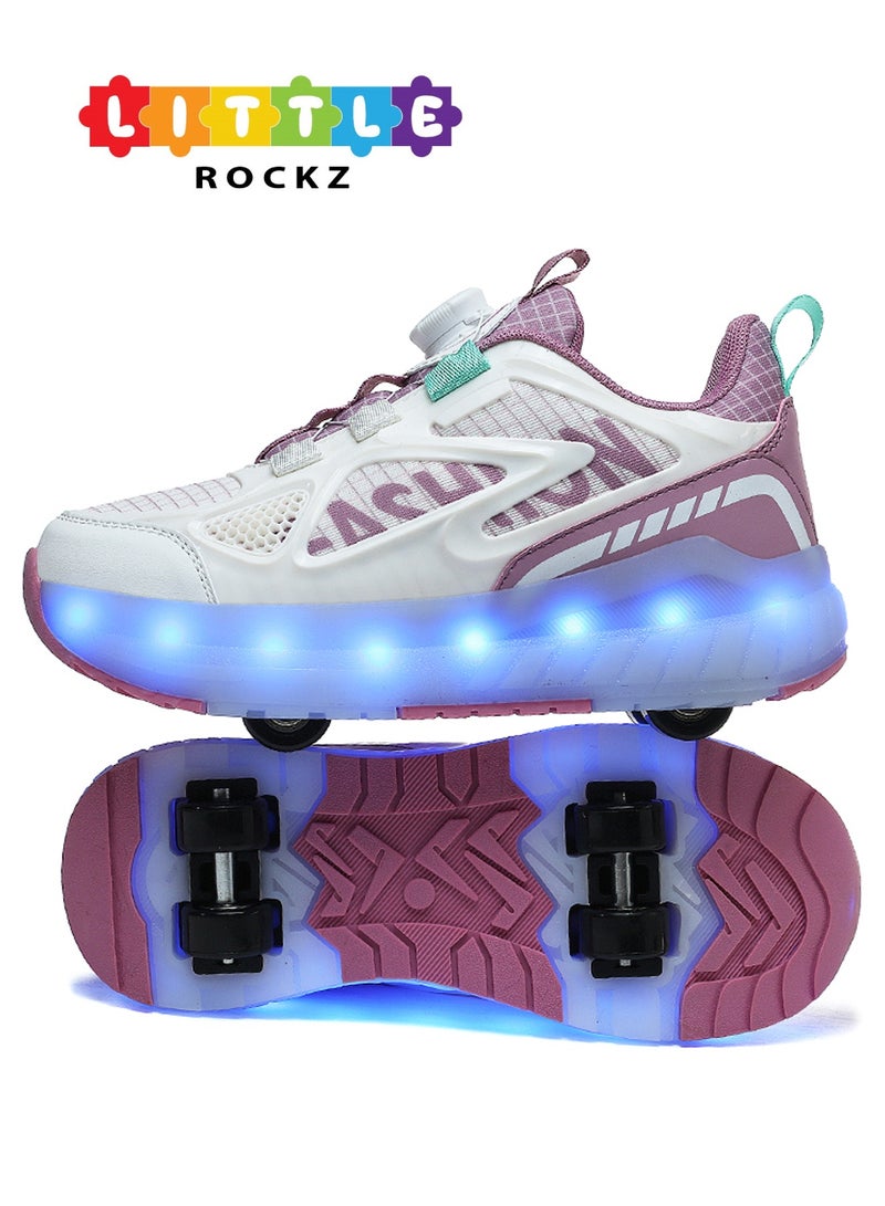 LITTLE ROCKZ Kids Four Wheel Roller Shoes Rechargeable LED Flash Light Sneaker Skate Heelys Shoes Pink - Image 1