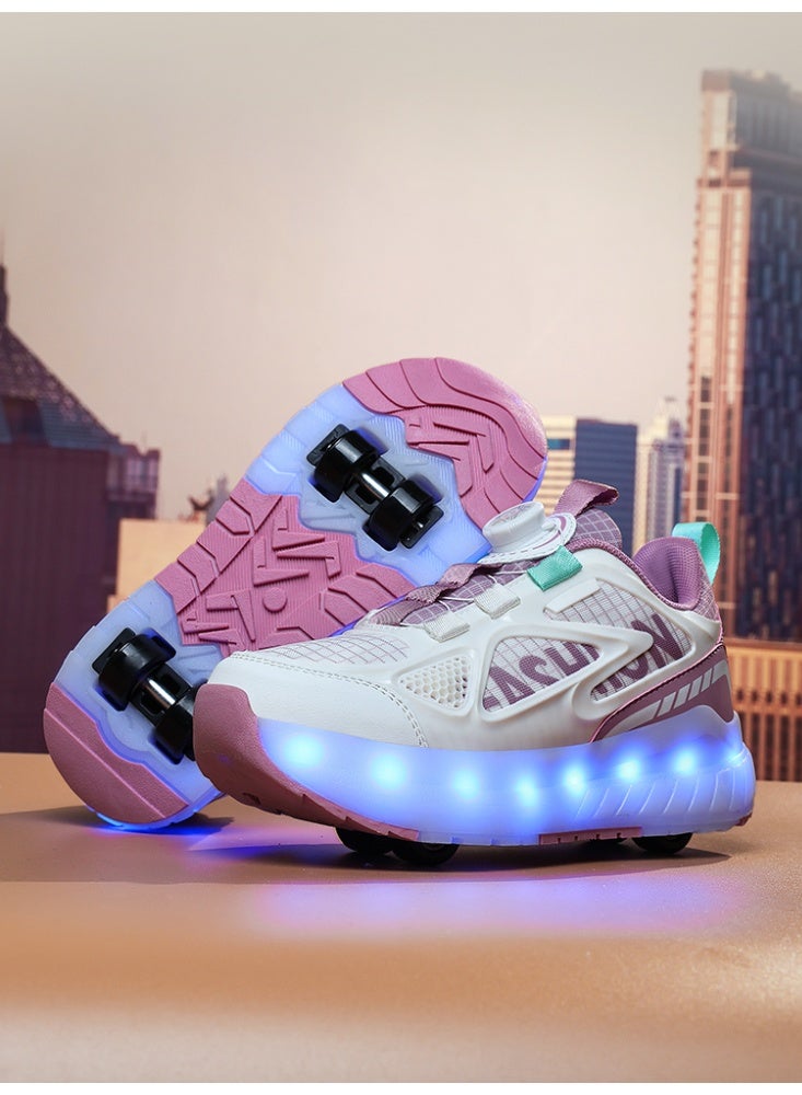LITTLE ROCKZ Kids Four Wheel Roller Shoes Rechargeable LED Flash Light Sneaker Skate Heelys Shoes Pink - Image 3