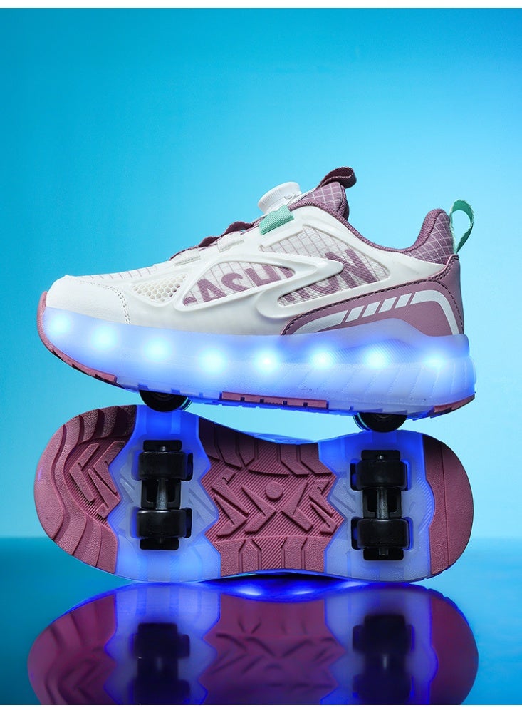 LITTLE ROCKZ Kids Four Wheel Roller Shoes Rechargeable LED Flash Light Sneaker Skate Heelys Shoes Pink - Image 2