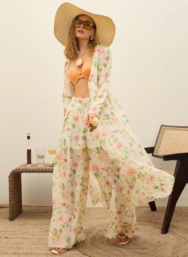 SASSAFRAS Sassafras White Floral Long Top and Wide Leg Pants Co-Ords