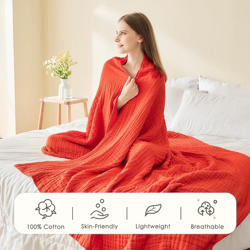 EMME Cotton Twin Blanket - 100% Muslin Soft, Breathable Gauze - All Season, Pre-Washed - Orange Rust, 60"x80" - Image 3