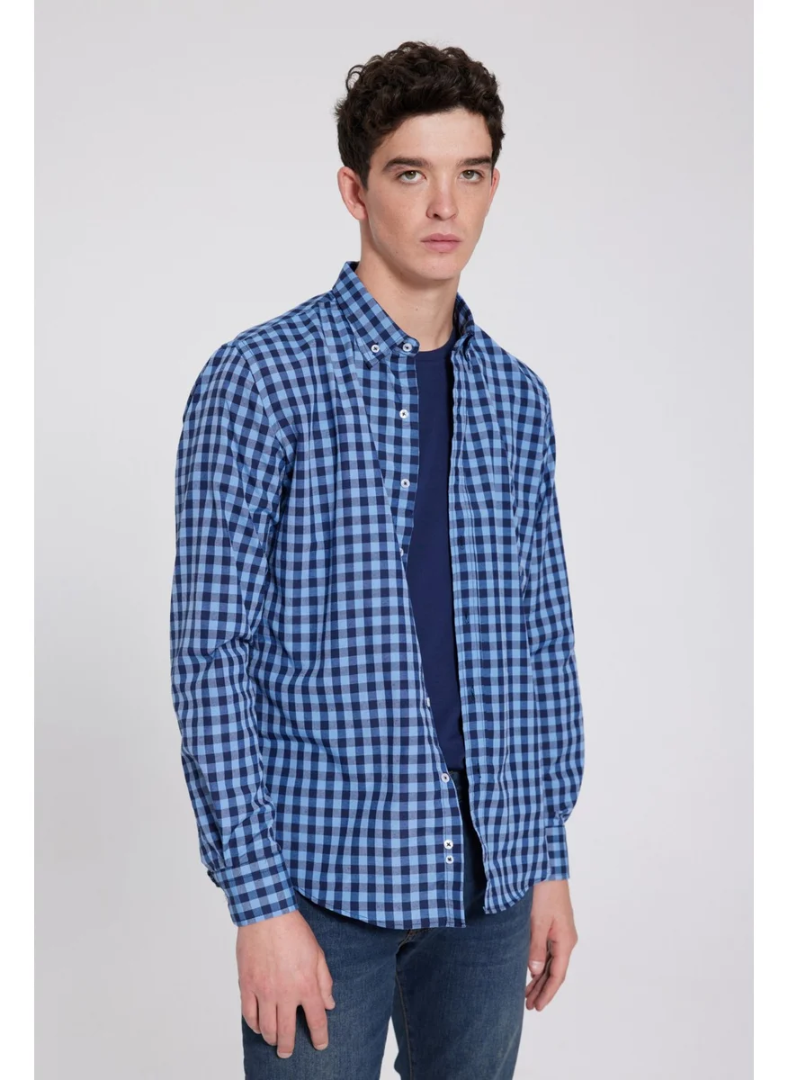 D'S DAMAT D'S Groom Slim Fit Blue Checkered Plaid Shirt 7HC02ORT09265