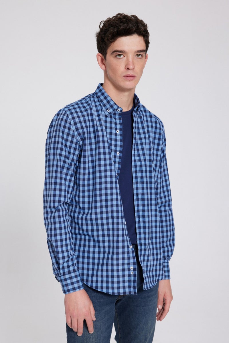 D'S DAMAT D'S Groom Slim Fit Blue Checkered Plaid Shirt 7HC02ORT09265 - Image 1