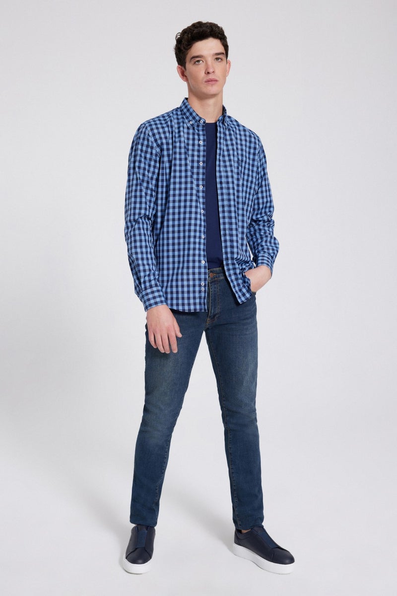 D'S DAMAT D'S Groom Slim Fit Blue Checkered Plaid Shirt 7HC02ORT09265 - Image 3