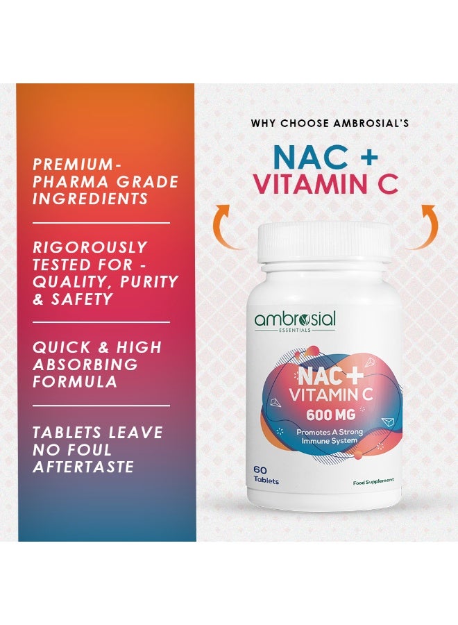 Ambrosial N-Acetyl Cysteine Supplement With Vitamin C – Nac 600Mg + Vitamin C 80Mg – 60 Vegetarian Tablets – Daily Wellness Supplement