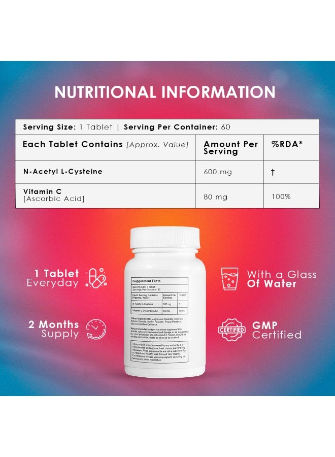 Ambrosial N-Acetyl Cysteine Supplement With Vitamin C – Nac 600Mg + Vitamin C 80Mg – 60 Vegetarian Tablets – Daily Wellness Supplement