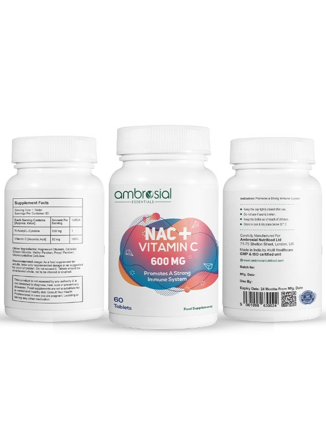 Ambrosial N-Acetyl Cysteine Supplement With Vitamin C – Nac 600Mg + Vitamin C 80Mg – 60 Vegetarian Tablets – Daily Wellness Supplement