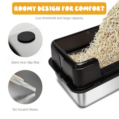 Qpets® Stainless Steel Cat Litter Box - Open Large Size with Scoop & High Fence, Anti-Splash Design - 50x23x35CM - Image 4