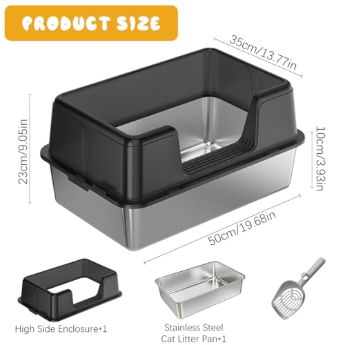 Qpets® Stainless Steel Cat Litter Box - Open Large Size with Scoop & High Fence, Anti-Splash Design - 50x23x35CM - Image 2