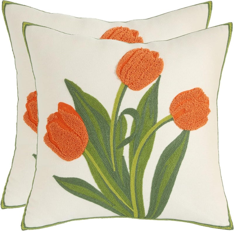 Tosleo أغطية وسائد مطرزة من مقاس 18x18 بوصة، مجموعة من 2، أغطية وسائد زهور التوليب البرتقالية، أغطية وسائد ربيعية للأريكة، أغطية وسائد من القطن والكتان، مربعة، ديكور منزلي ريفي زهري - Image 1