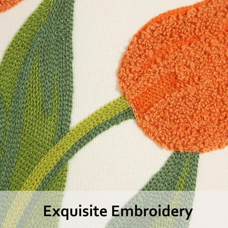 Tosleo أغطية وسائد مطرزة من مقاس 18x18 بوصة، مجموعة من 2، أغطية وسائد زهور التوليب البرتقالية، أغطية وسائد ربيعية للأريكة، أغطية وسائد من القطن والكتان، مربعة، ديكور منزلي ريفي زهري - Image 4