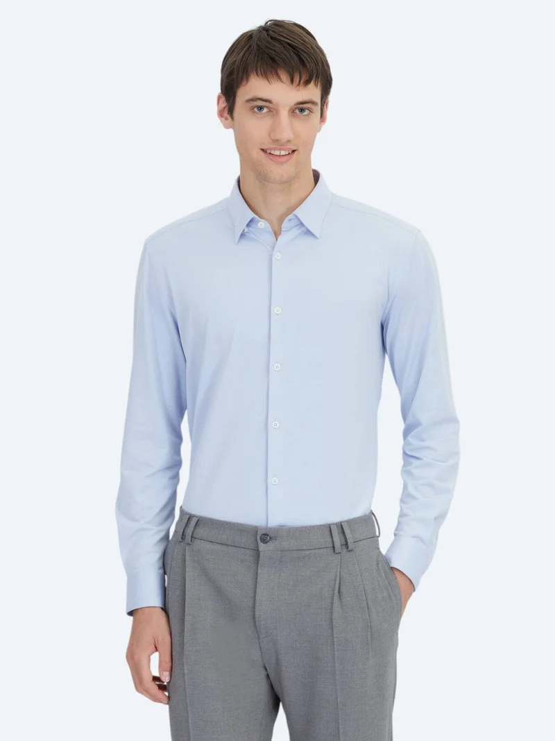 Kip Blue Regular Fit Long Knitting Sport Cotton Blended Shirt