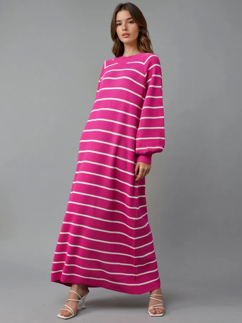 موضتي فستان محبوك مخطط بأكمام طويلة من ماي فاشون