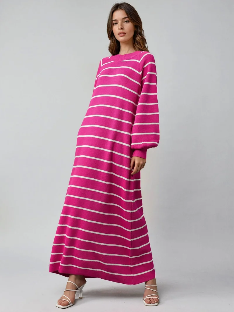 MY FASHION MY FASHION Long Sleeve Striped Ribbed Knit Dress