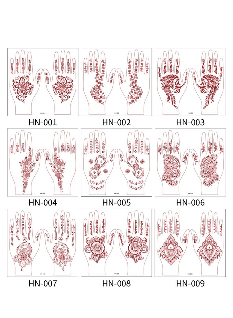 9 Sheets of New Red Henna Art Tattoo Stickers Full Hand Mehndi Design Waterproof Temporary Tattoos - Image 2