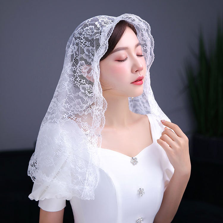 Bridal Lace Headscarf, Prayer Headdress, Veil, Short Gauze Shawl, Single Layer Veil - Image 1