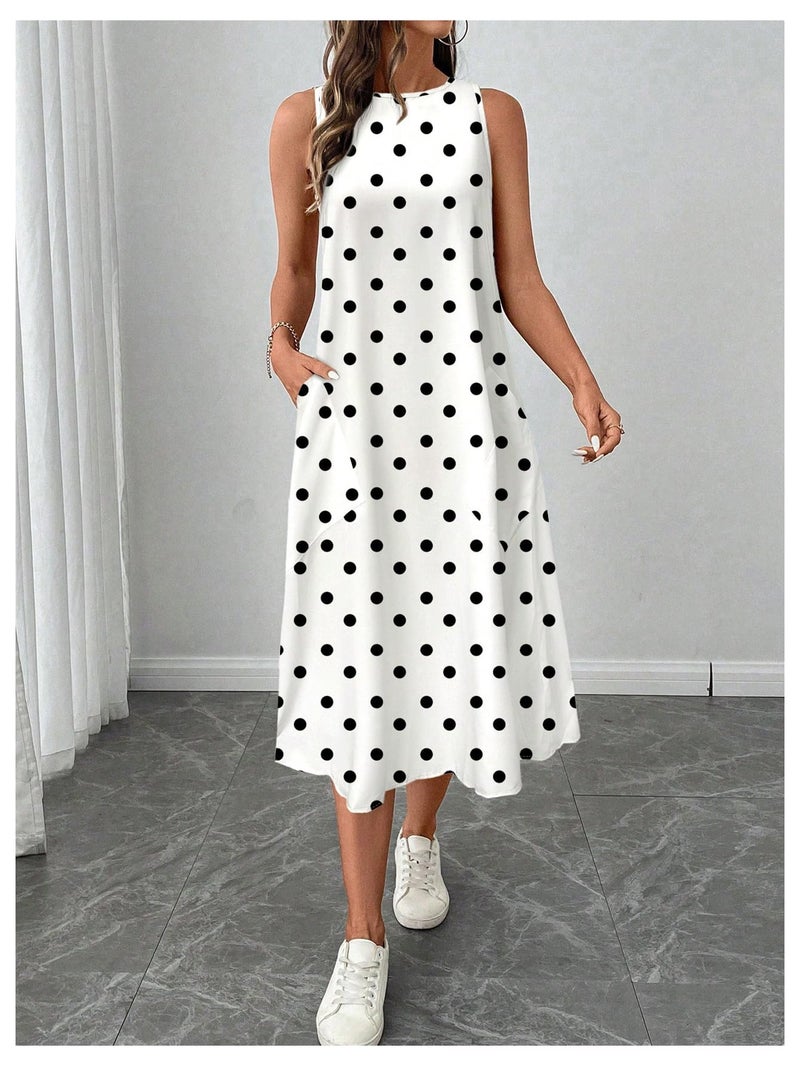 Verdusa Women's Vintage Polka Dots Tank Dress Sleeveless Crew Neck Flowy Midi Dresses Multicolor Large - Image 3