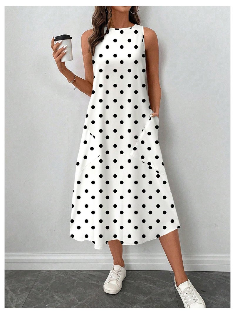 Verdusa Women's Vintage Polka Dots Tank Dress Sleeveless Crew Neck Flowy Midi Dresses Multicolor Large - Image 5