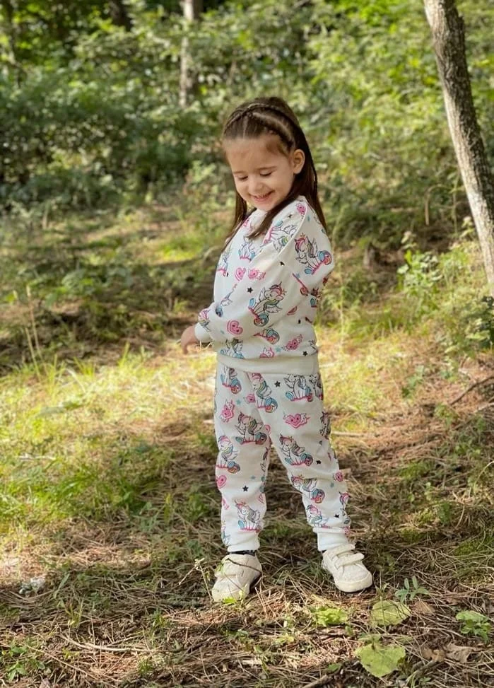 Bufu Design Concept Trend Girl's Pink Unicorn Top-Top Set