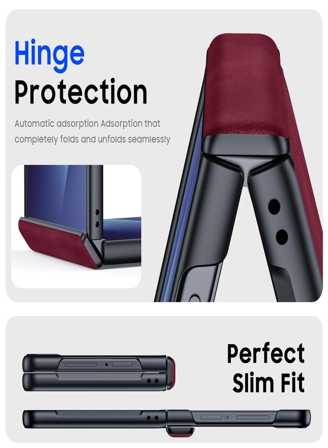 BSNRM for Samsung Galaxy Z Flip 7 Case with Hinge Protection & Built-in Screen Protector, Ultra Thin Stylish Leather Matte PC Durable Shockproof Cover Phone Case for Galaxy Z Flip 7-Red - Image 3