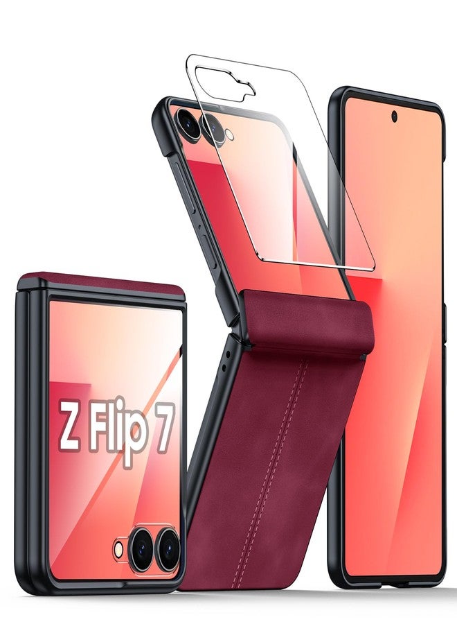 BSNRM for Samsung Galaxy Z Flip 7 Case with Hinge Protection & Built-in Screen Protector, Ultra Thin Stylish Leather Matte PC Durable Shockproof Cover Phone Case for Galaxy Z Flip 7-Red - Image 1
