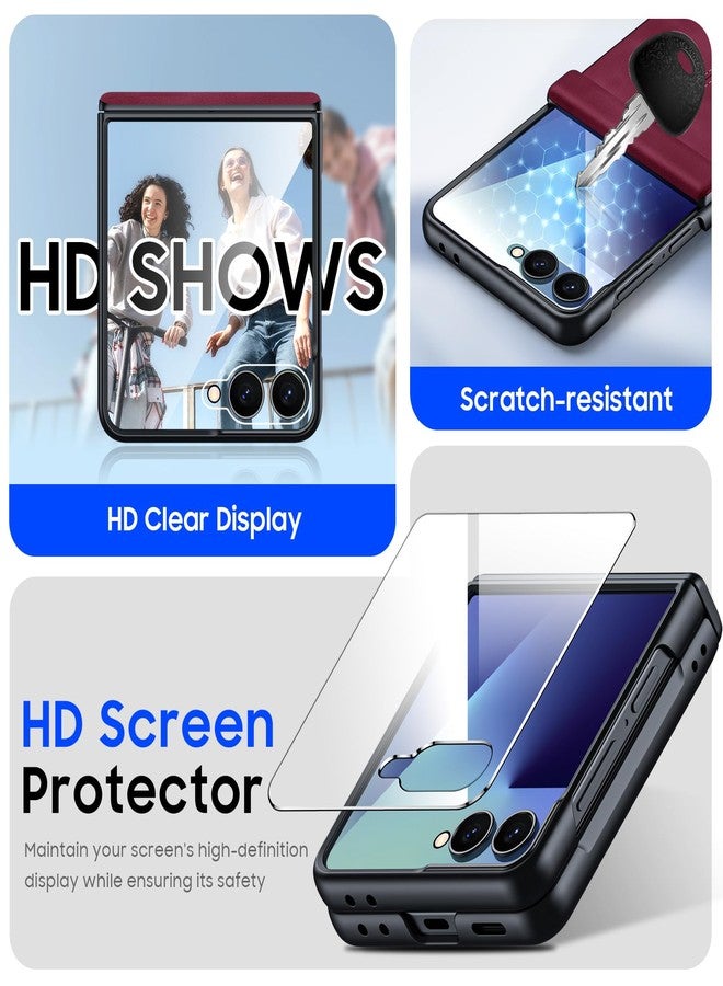 BSNRM for Samsung Galaxy Z Flip 7 Case with Hinge Protection & Built-in Screen Protector, Ultra Thin Stylish Leather Matte PC Durable Shockproof Cover Phone Case for Galaxy Z Flip 7-Red - Image 4